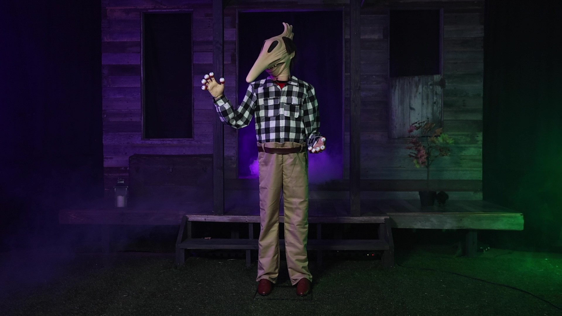 Bring one of the most unforgettable ghostly transformations to life with this 6.3FT Animatronic Adam Maitland from Beetlejuice! Featuring his exaggerated “scare face” with stretched nose and eyeballs on fingers, this animated decoration moves and makes eerie sounds to spook any unsuspecting guest.